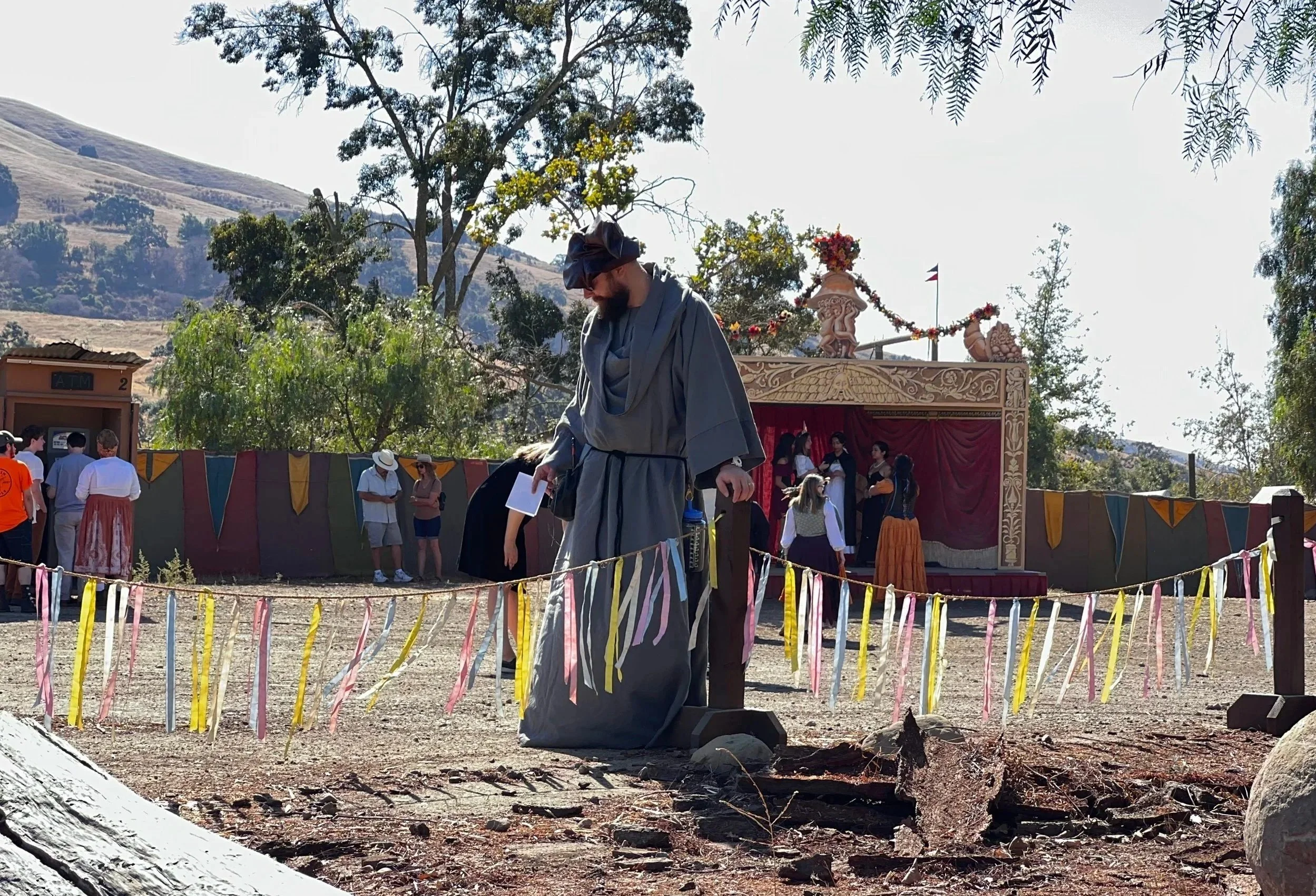 A bearded man wearing a wizard costume which includes a handmade leather wizard's hat and a handmade linen wizard's robe at the NorCal Renaissance faire, looking wistfully at hand-sewn bunting. Trees and hills in the background.