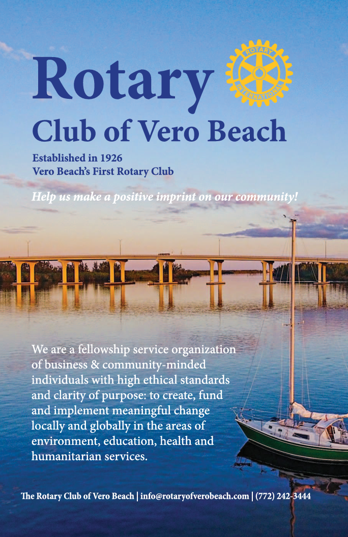 Flyer for the Rotary Club of Vero Beach with a background photo of a bridge over water at sunset and a sailboat docked at the shore.