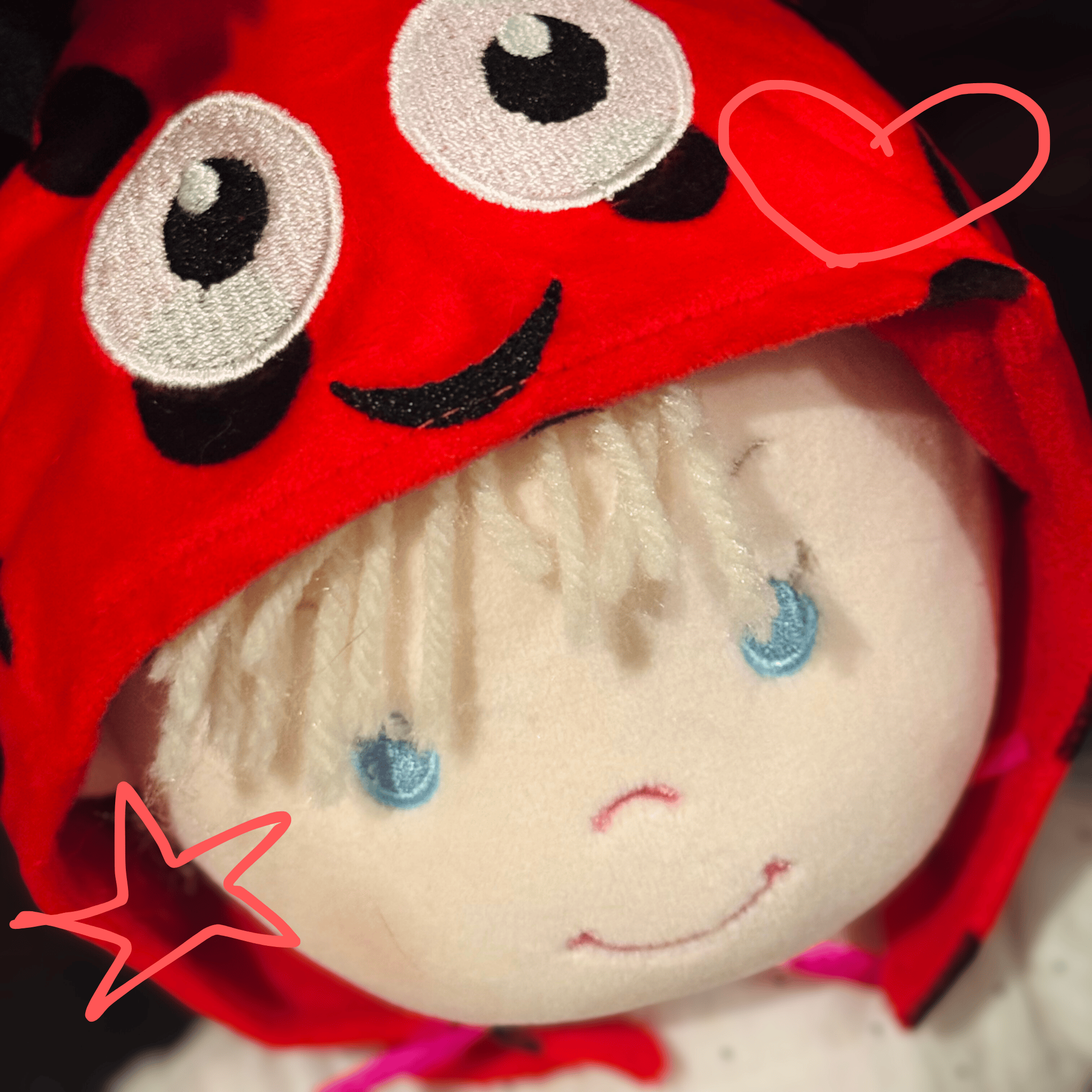 A plush doll with a sad face, long blond hair, and blue tears. The doll is wearing a red hood with a ladybug design, featuring big eyes, a smiling face, and a tiny heart. The overall theme suggests a ladybug costume.