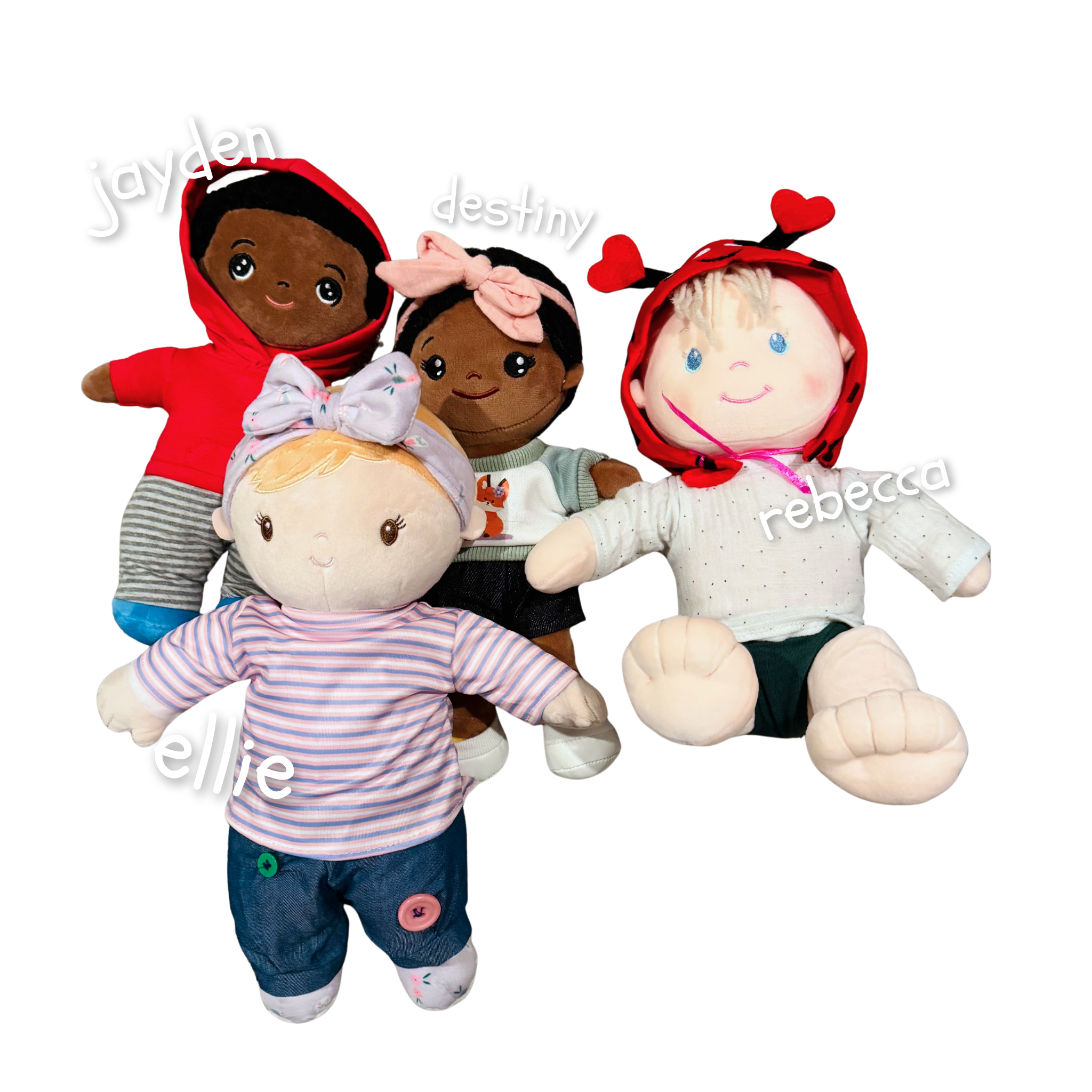 Group of four plush dolls with distinct outfits and facial expressions, displaying names 'Jayden,' 'Destiny,' and 'Rebecca' written near them.