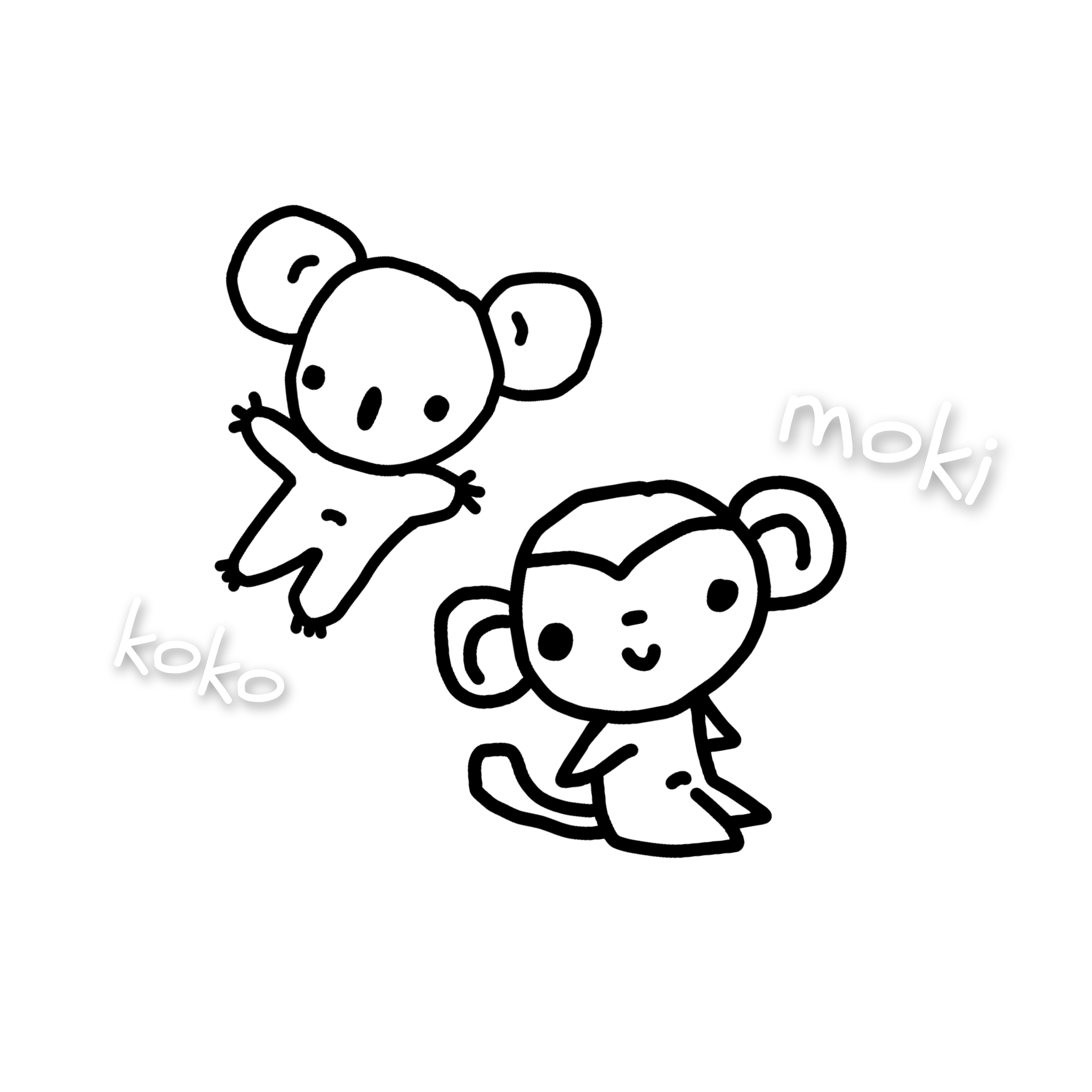 A playful illustration of a cartoon koala with big ears and a cute expression, surrounded by speech bubbles with the words 'koko' and 'molky' in white text.