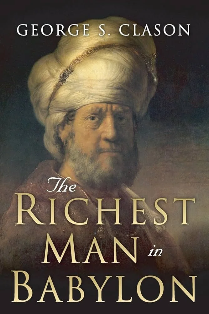 Book cover for 'The Richest Man in Babylon' by George S. Clason, featuring a portrait of a man in ancient attire with a turban.