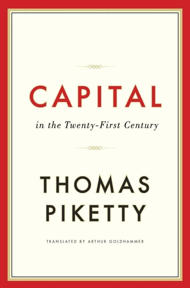Book cover titled "Capital in the Twenty-First Century" by Thomas Piketty, translated by Arthur Goldhammer, with a red border and a beige background.