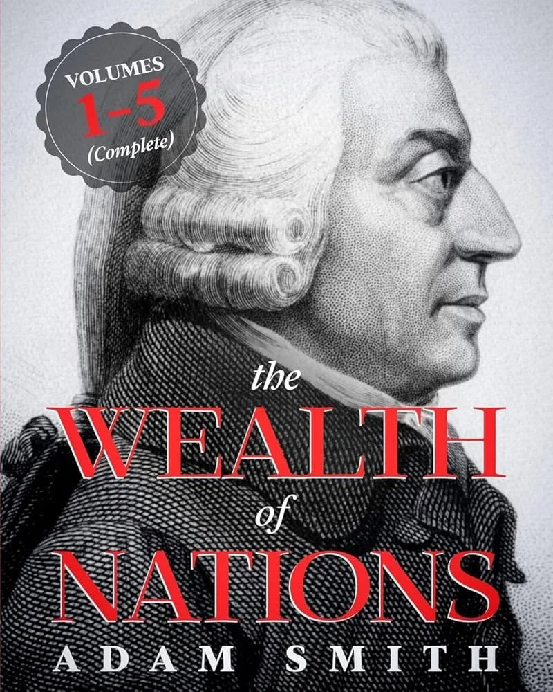Book cover titled "The Wealth of Nations" by Adam Smith, featuring a black-and-white illustration of a man in profile with curly hair. A label in the upper left indicates volumes 1-5 are complete.