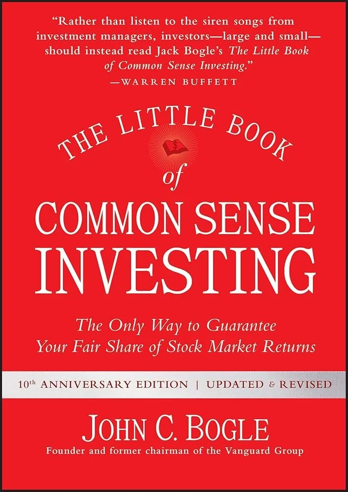 Cover of 'The Little Book of Common Sense Investing' by John C. Bogle, with a red background, white and black text, and a small graphic of an open book with a dollar sign.