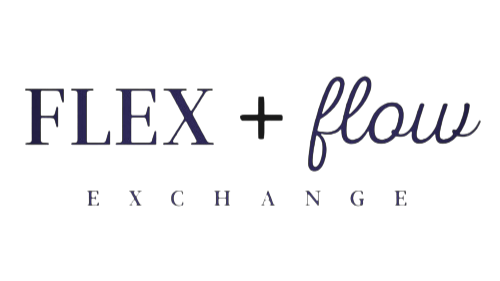 FLEX + flow exchange logo with stylized text on a black background