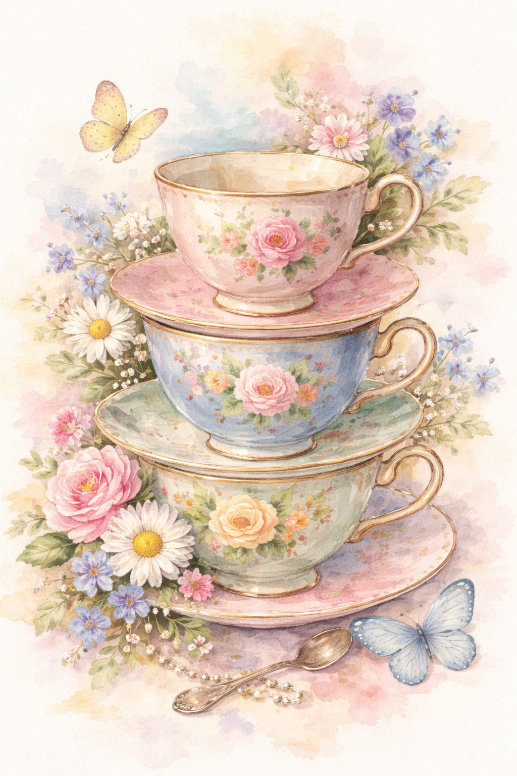A floral teacup filled with tea, resting on a matching saucer, surrounded by a cozy blanket, with a basket of small pumpkins in the background.
