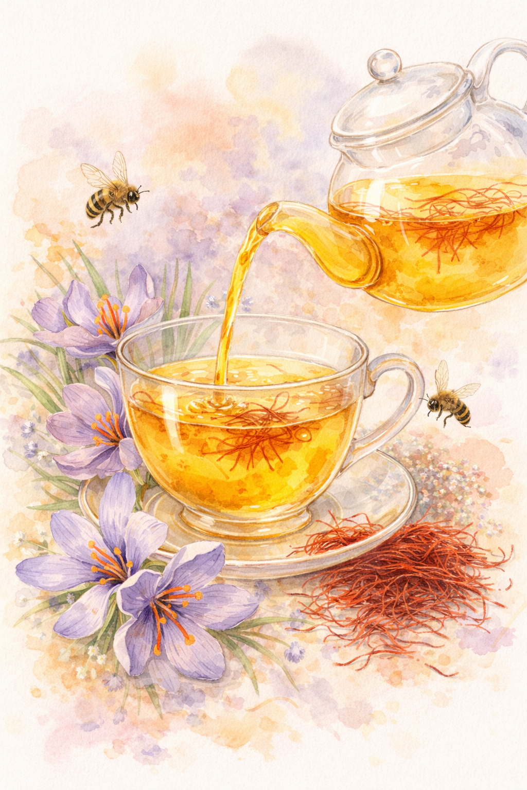 An empty tea cup with a floral design on a matching saucer, containing leftover tea, on a textured tablecloth.