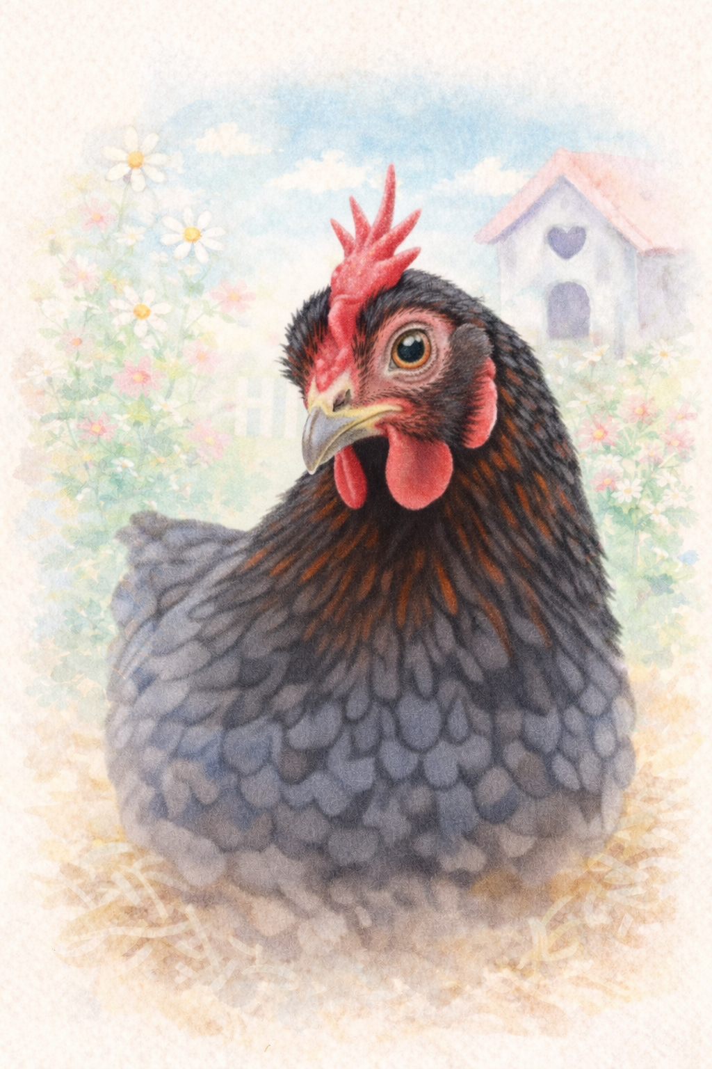 Close-up of a black and red chicken with a prominent red comb and wattles, looking directly at the camera.