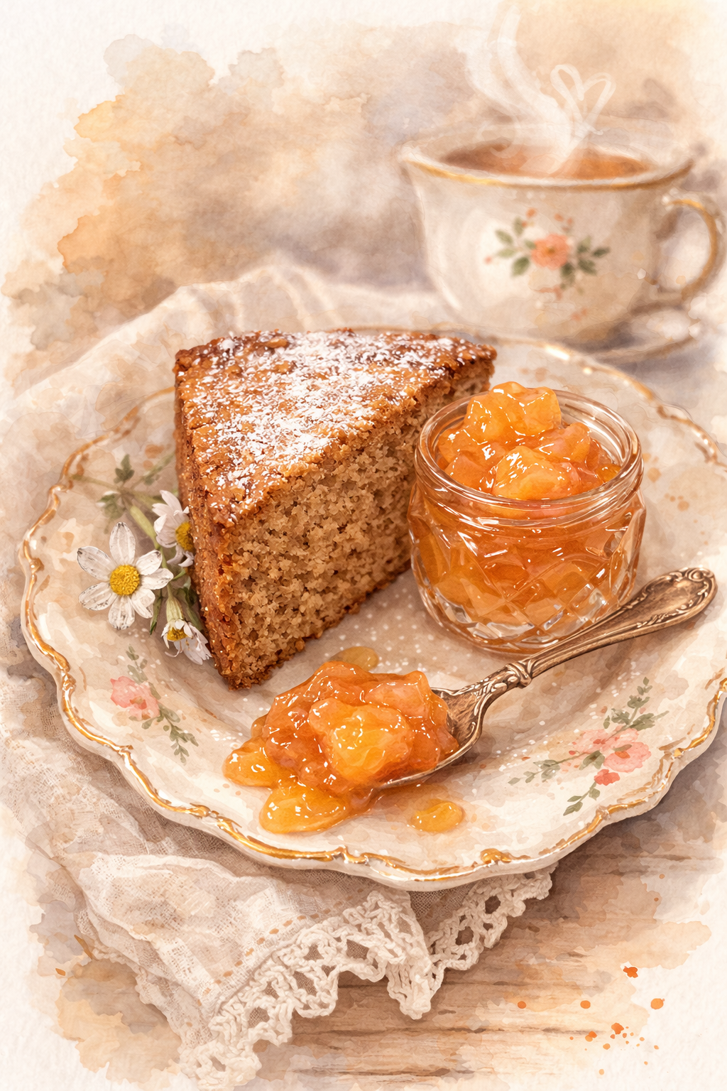 A colorful floral plate with three slices of yellow sponge cake, a glass of iced tea with ice cubes on a woven tray, on a wooden surface.