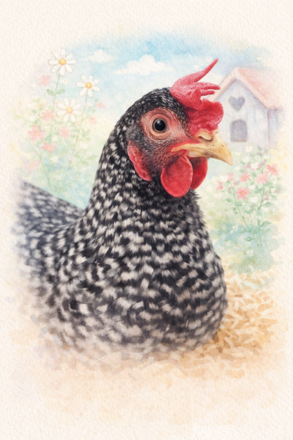 Close-up of a barred rock chicken with black and white striped feathers, red comb, and wattles, looking to the side.