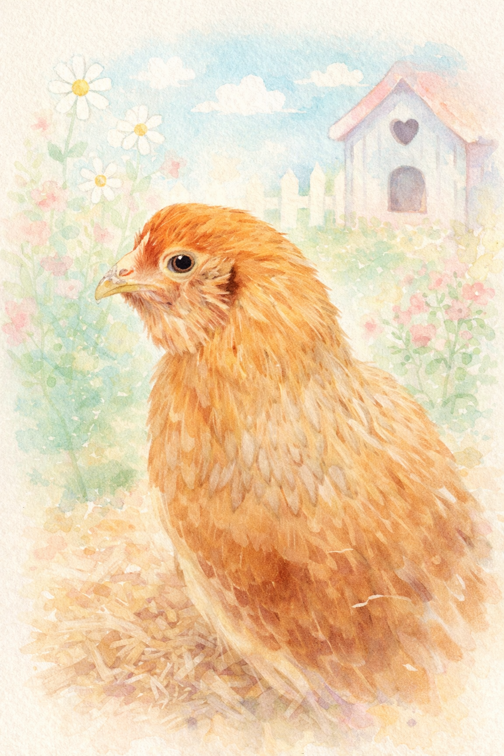 A close-up of a chicken standing on grass with yellow fall leaves scattered around.
