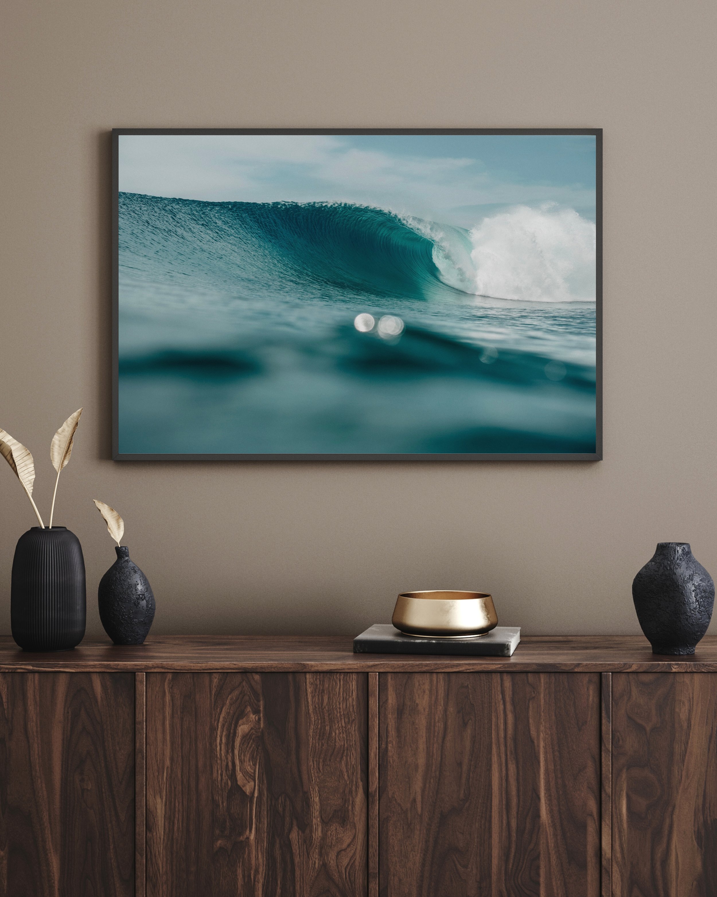 Surf photography wall art print displayed in modern interior