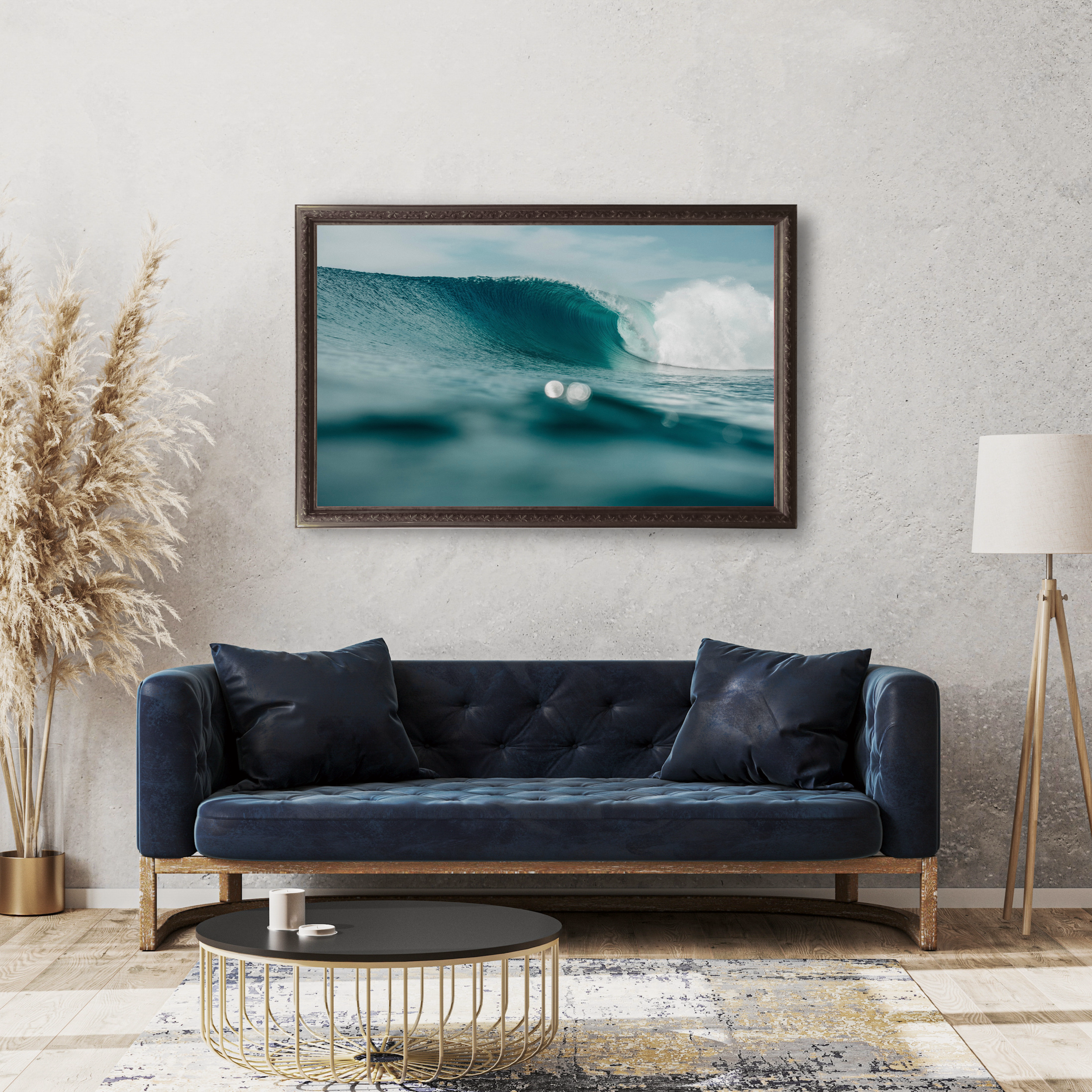 Surf photography wall art print displayed in modern living room interior