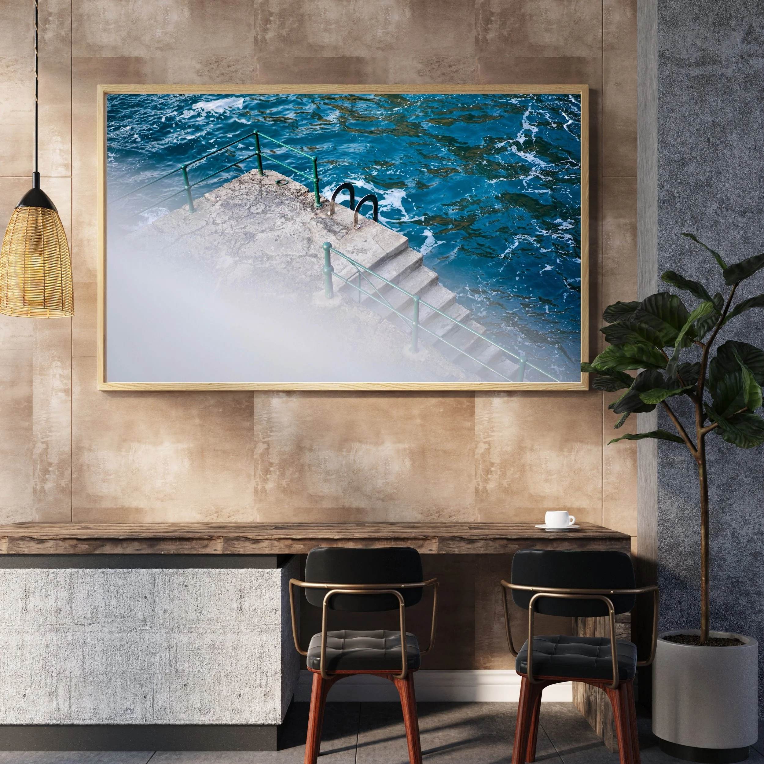 Minimalist coastal photography print of ocean steps leading into blue water home decor