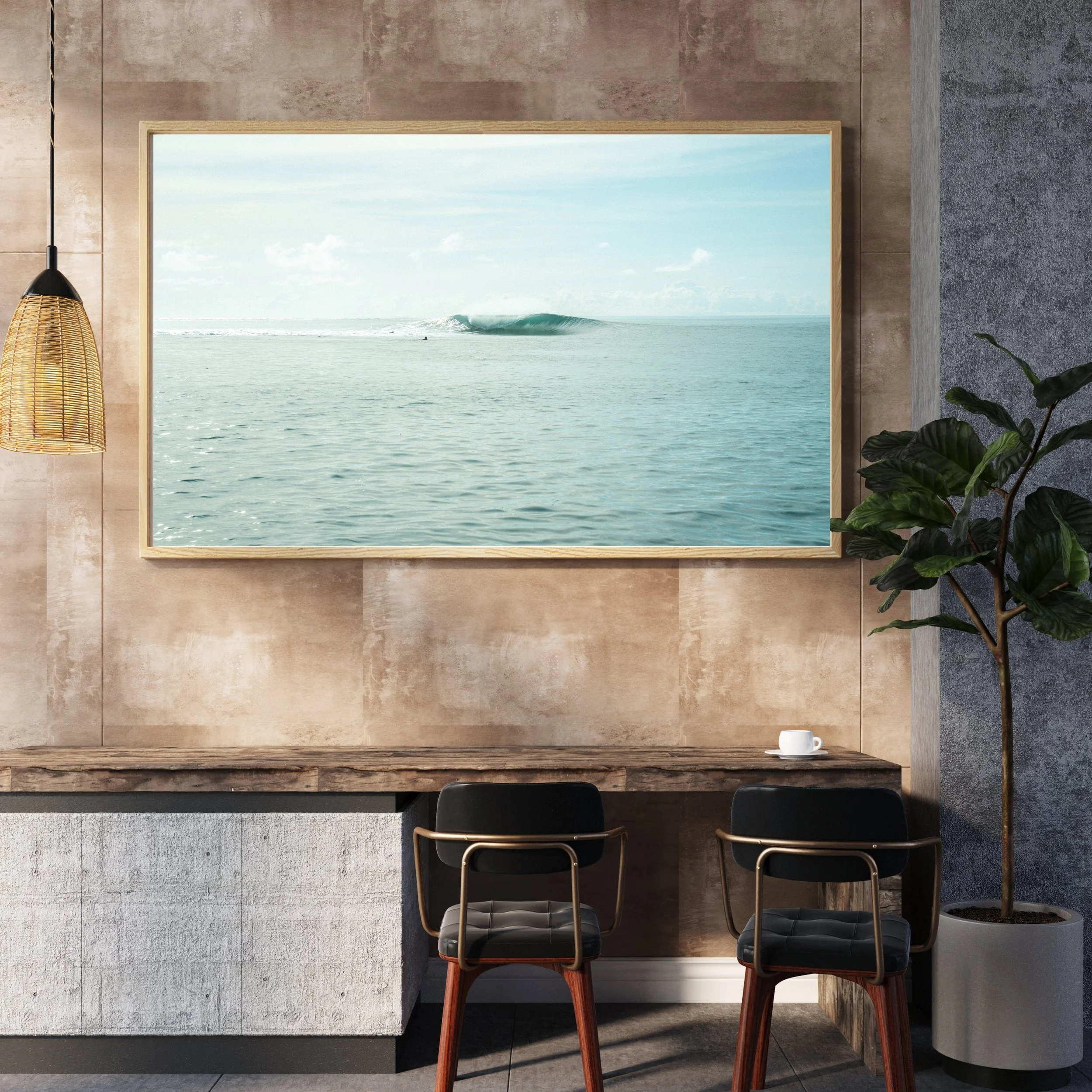 Modern kitchen with minimal ocean photography print of A-frame wave in Indonesia