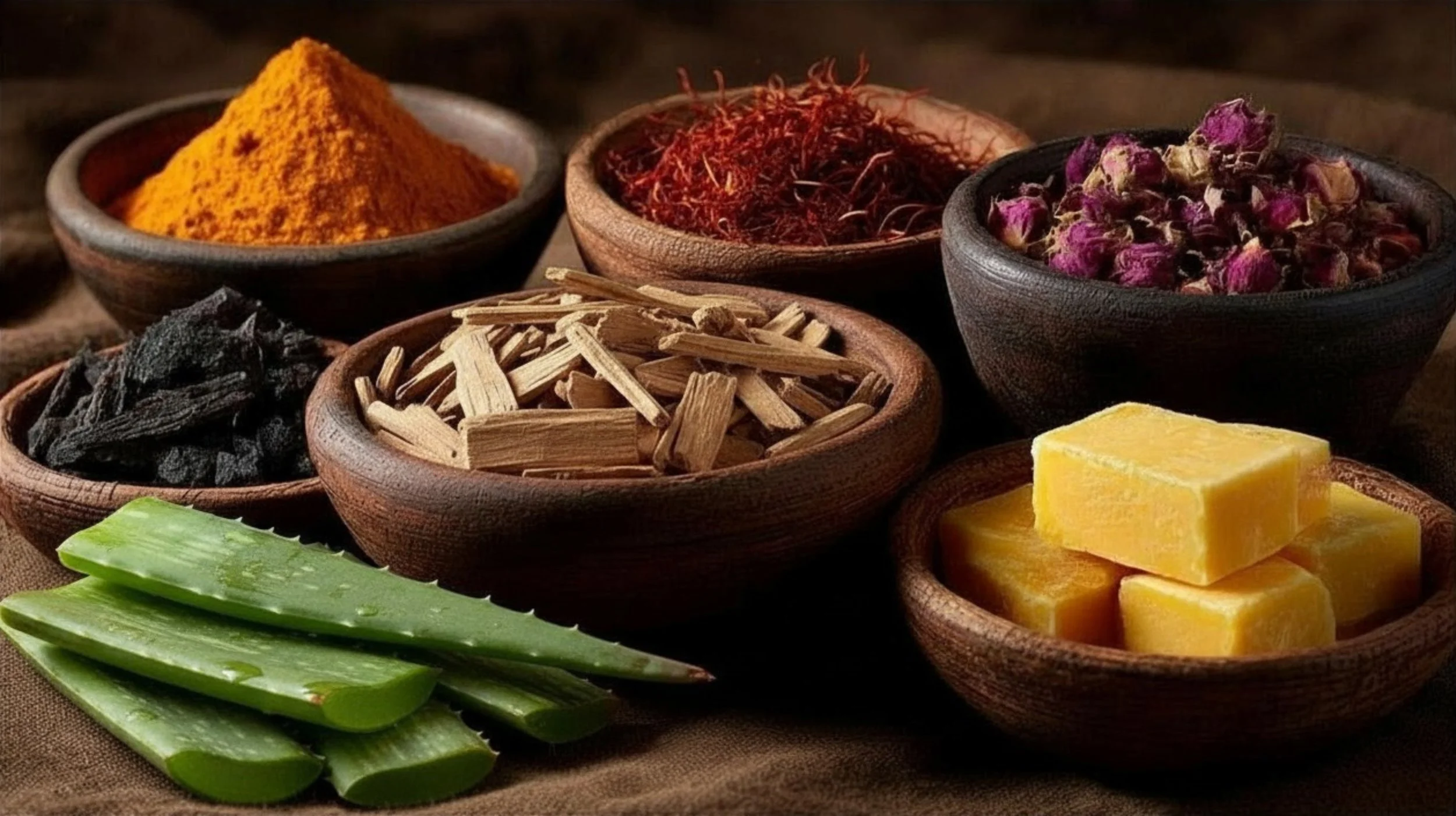 Assortment of natural ingredients, including turmeric powder, saffron threads, rose buds, licorice root, shea butter bars, and aloe vera leaves.