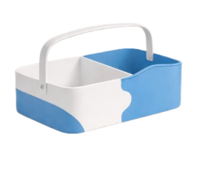 A plastic bathtub with a white and blue color scheme and a handle on top.