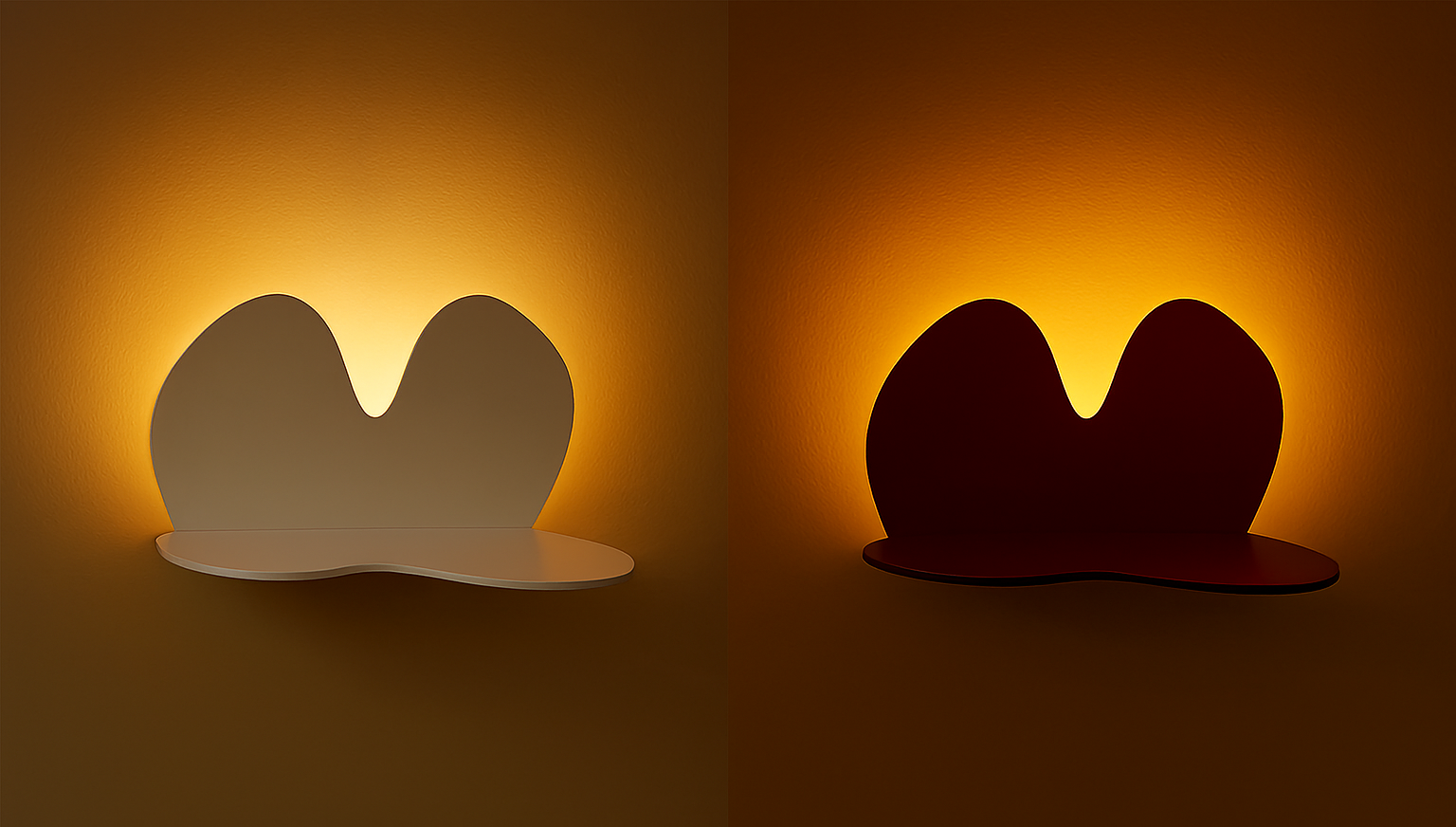 A wall light shaped like a bunny with long ears, mounted on the wall. The left side is turned off, showing a white silhouette, while the right side is turned on, illuminating with warm orange light.