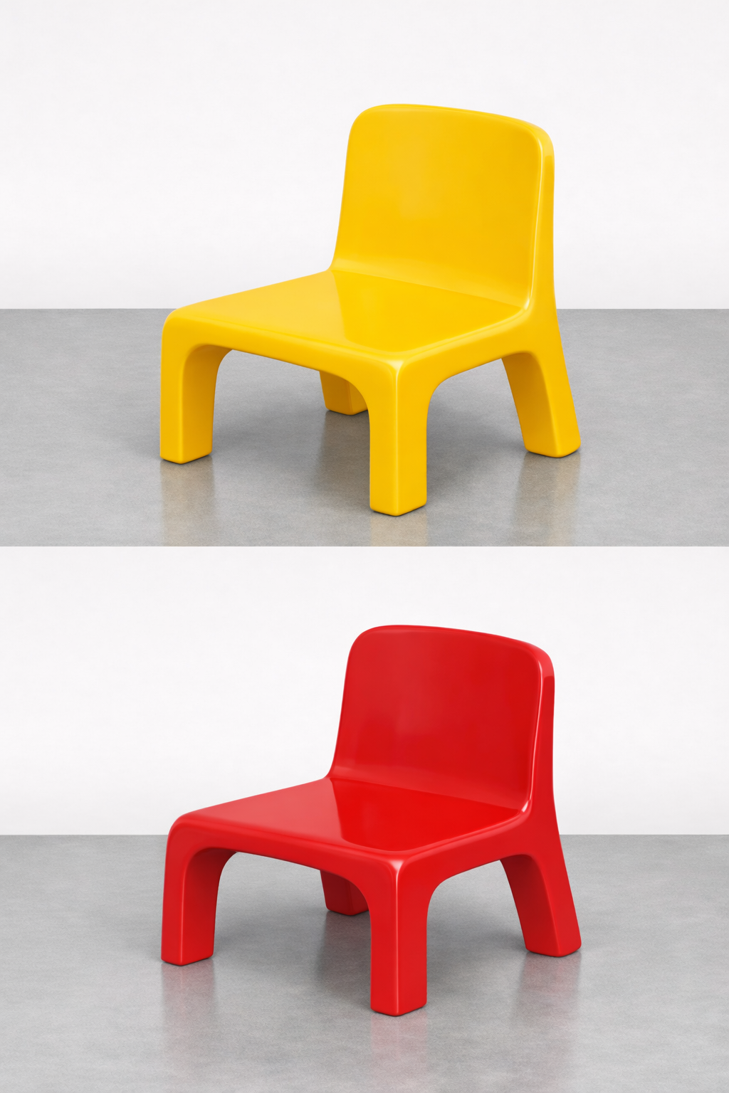 Two colorful children's chairs, one yellow and one red, placed on a gray floor against a plain white background.