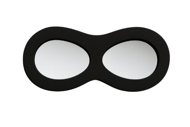 Black sleep mask with white eye covers on a white background.