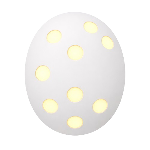 White egg-shaped lamp with multiple circular yellow lights.