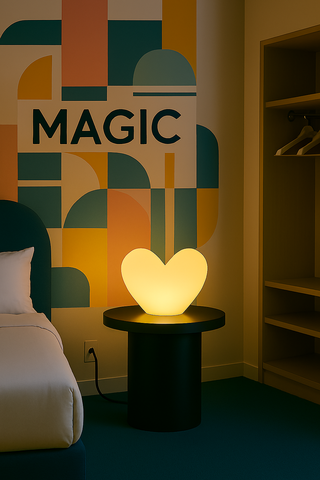 A glowing heart-shaped lamp on a side table in a room with a colorful geometric wall art piece and an open closet with hangers.