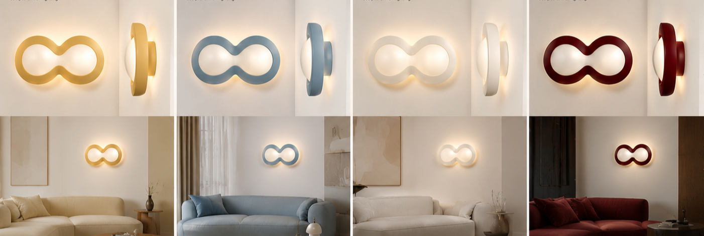 A collage of six images showing modern wall lamps in different colors: yellow, blue, white, and burgundy, mounted above various couches in a living room setting.