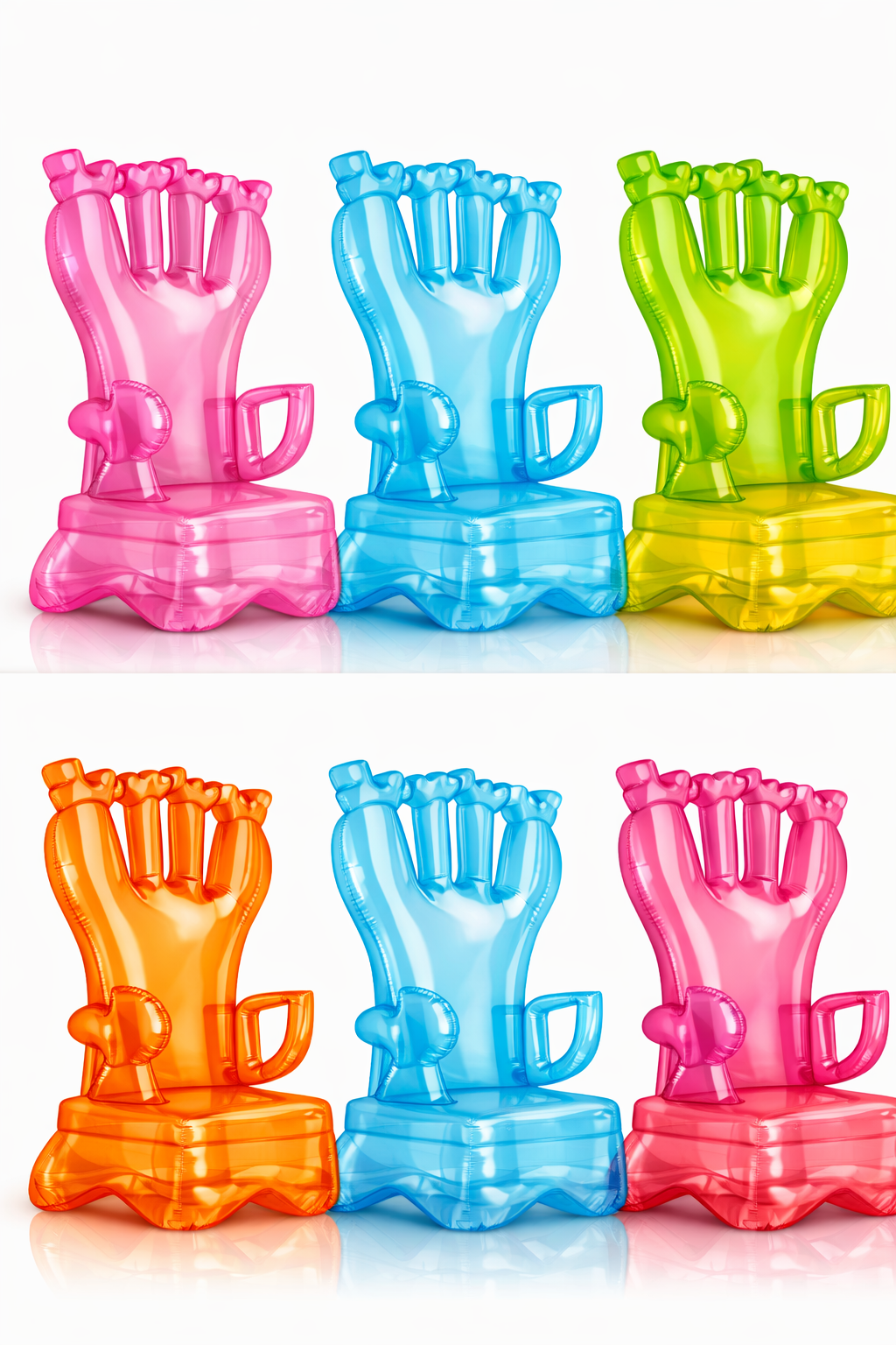 Six colorful inflatable flamingo pool floats arranged in two rows. The top row has pink, blue, and yellow floats; the bottom row has orange, blue, and pink floats.