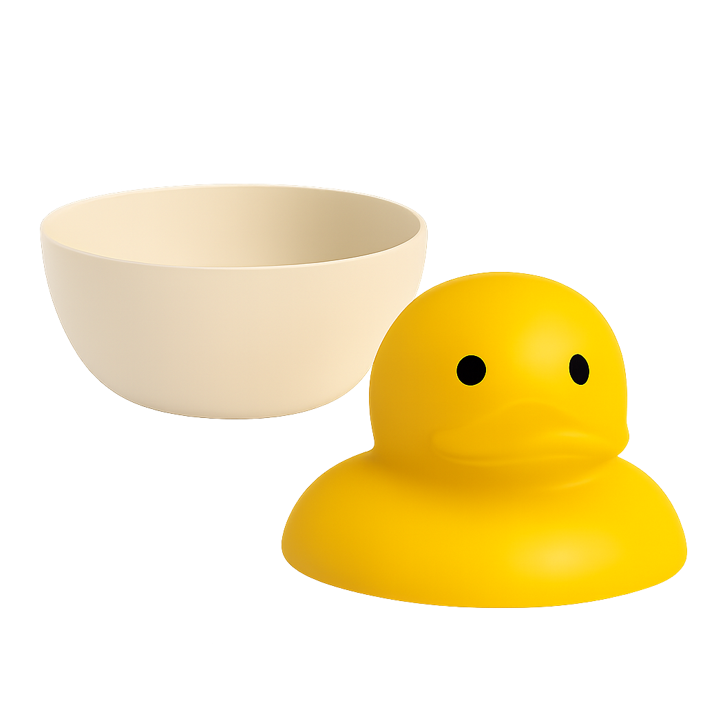 A yellow rubber duck, a white bowl, and a pair of chopsticks arranged on a neutral background.