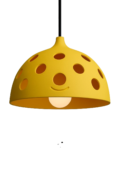Yellow pendant light with circular holes and a smiling face, hanging from a black cord, with the text 'CAPELLA PHOTOGRAPHY' below.