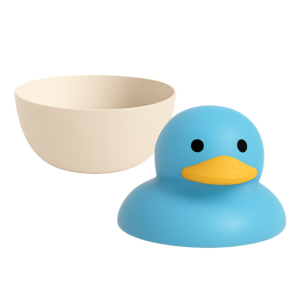 A glowing blue rubber duck with a yellow beak and black eyes next to an illuminated empty white bowl, set against a dark background.