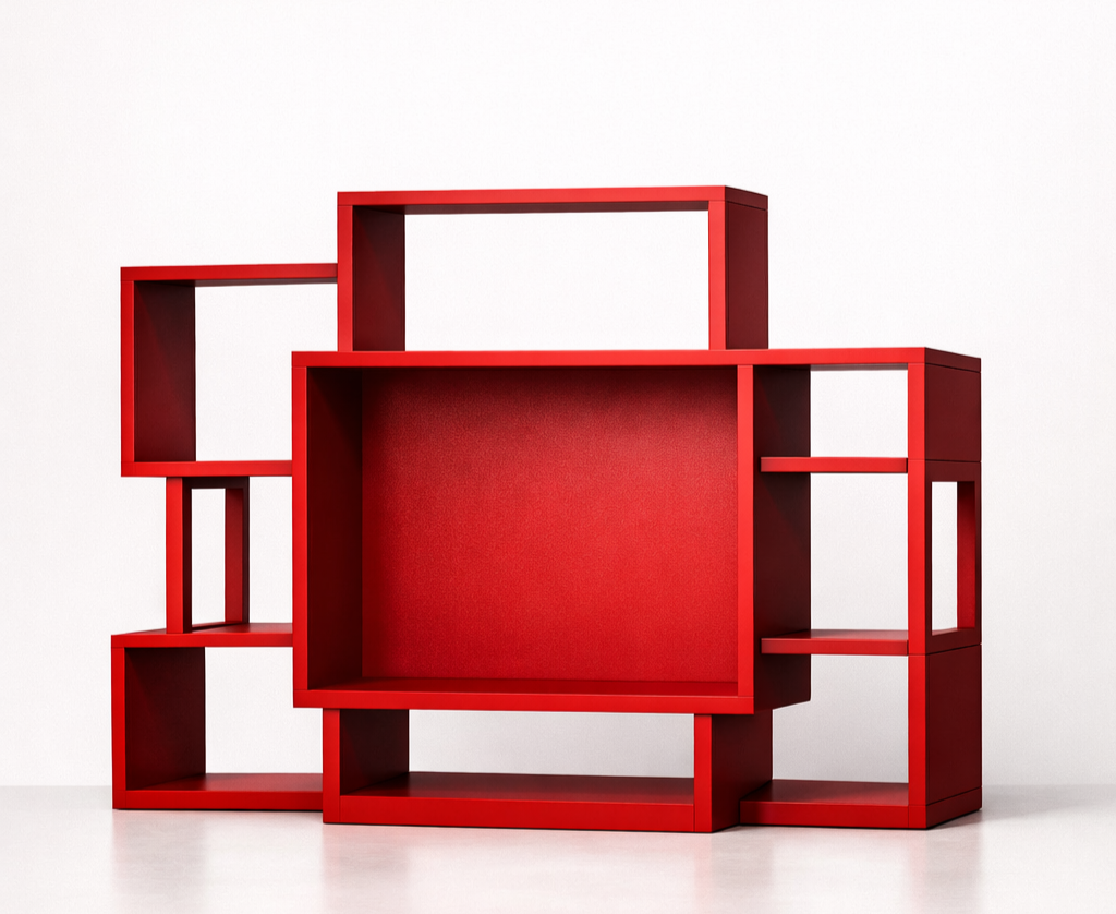 Red modern open shelving unit with multiple compartments placed against a white wall.