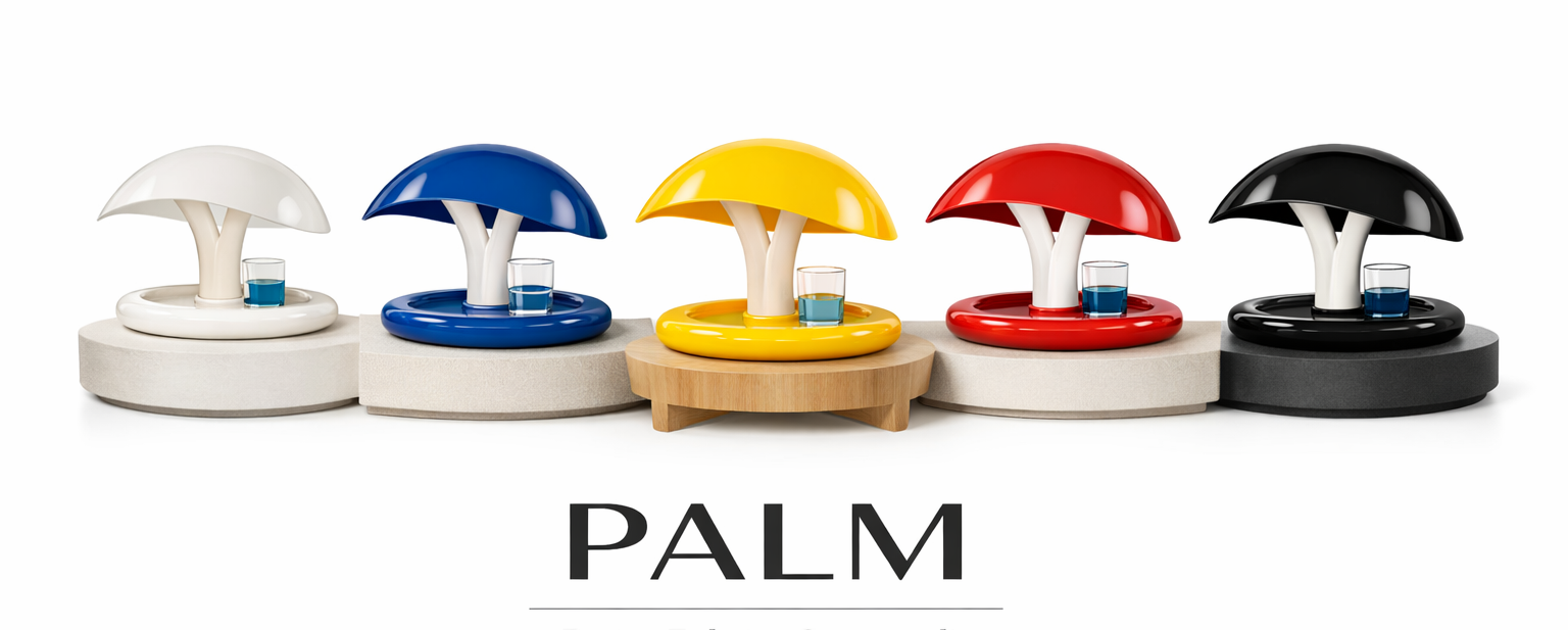 Colorful miniature umbrellas, each with a small drink glass and a placed on variously colored and styled round platforms, arranged in a row against a white background with the word 'PALM' below.