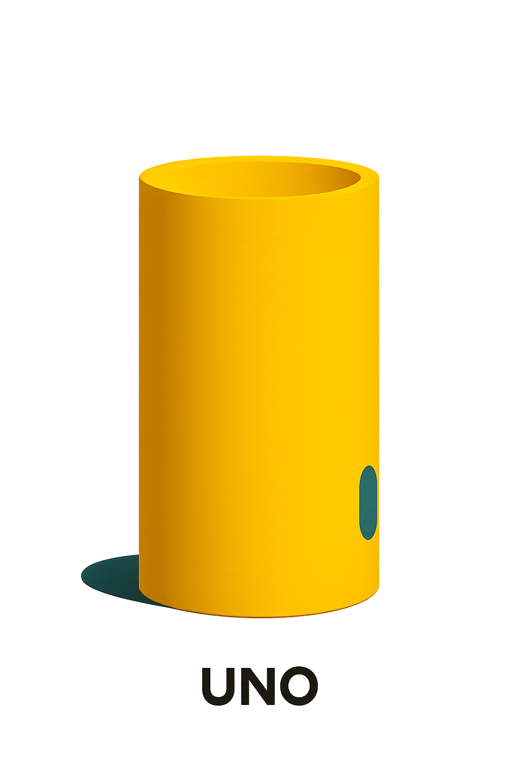 A yellow cylindrical object with a small teal oval shape on its side, positioned on a dark surface with the word 'UNO' underneath.