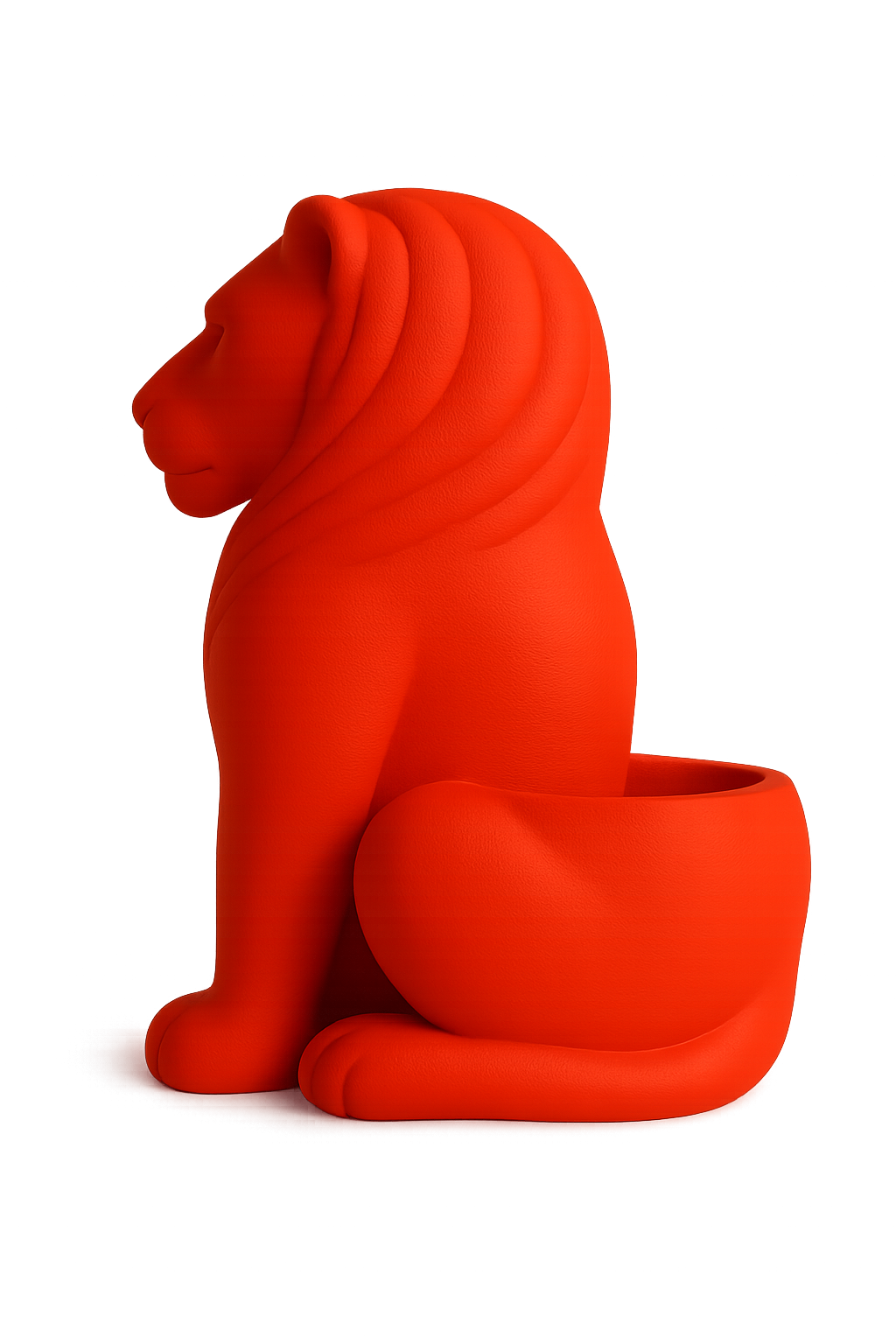 A stylized, red, cartoon-like figure of a lion sitting with a mane resembling a layered, ribbon-like structure and a large, round tail, set against a dark background with a soft glow surrounding it.