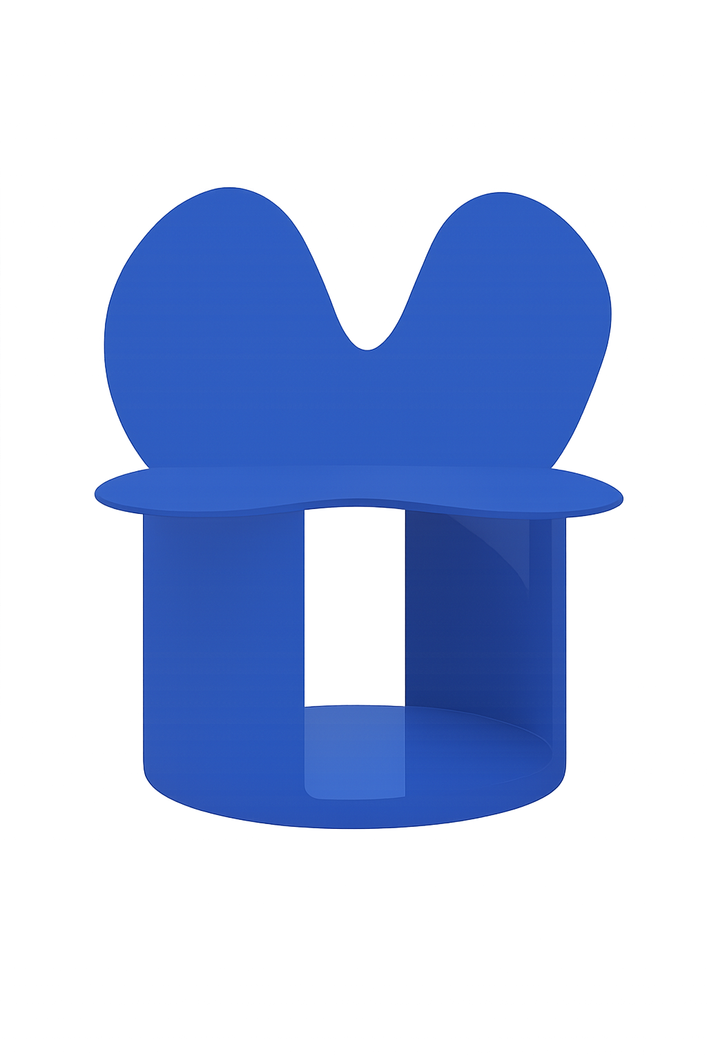 A blue chair with a heart-shaped backrest and a round seat, positioned on a cylindrical base.