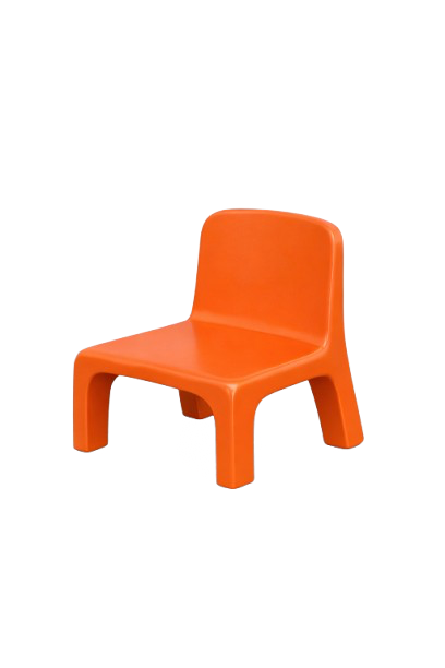 Orange plastic kids chair with a backrest and four legs.