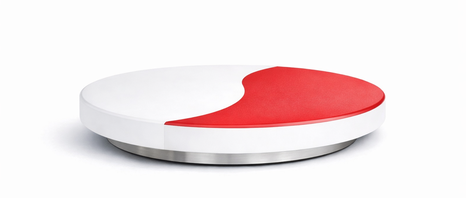 A modern, round scale with a red and white design, featuring a smooth, minimalist appearance.