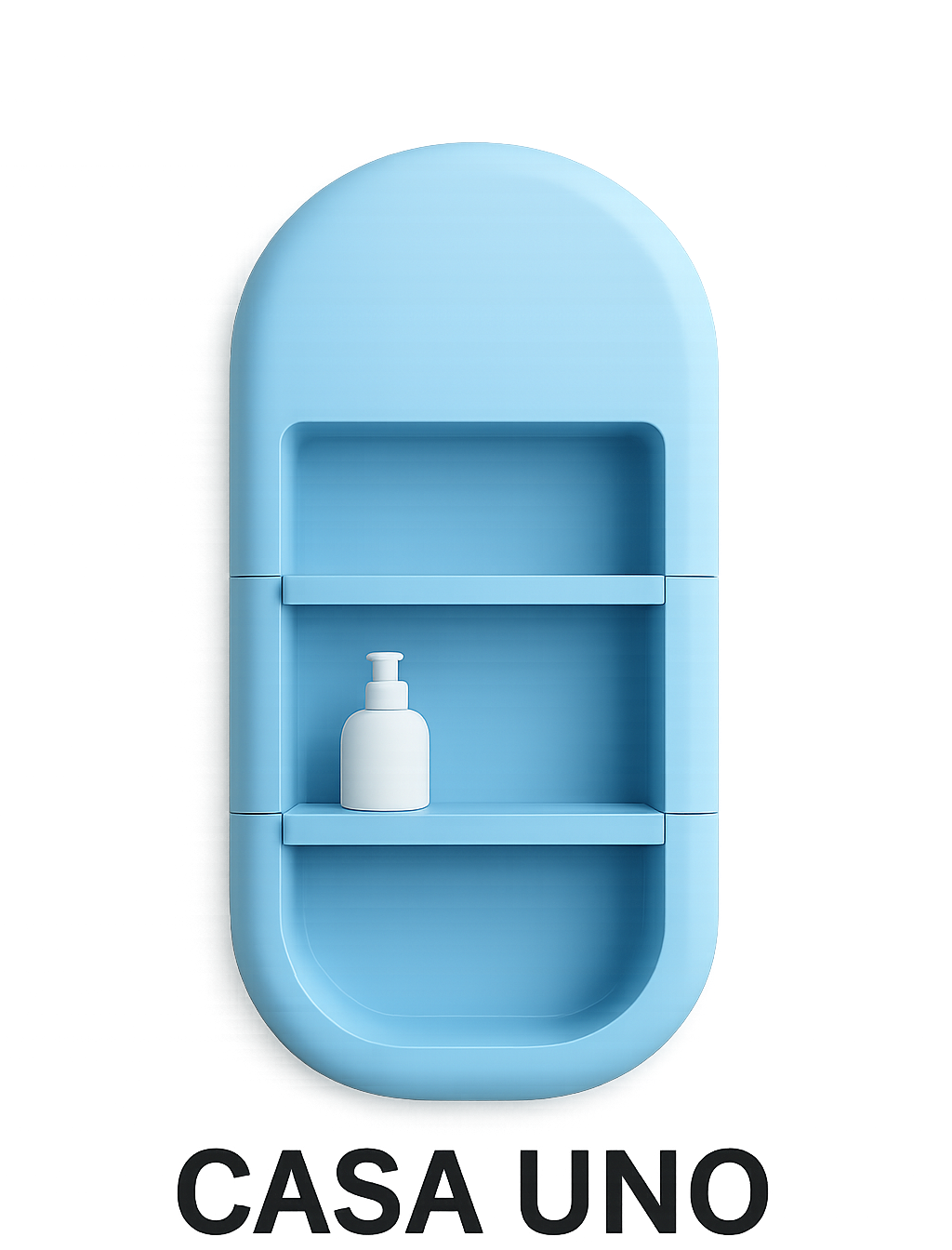Blue oval wall shelf with two compartments, containing a white pump bottle.