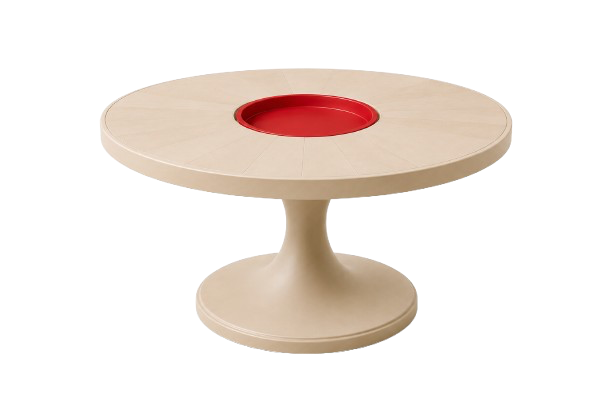 Modern round table with a beige finish and a red circular tray in the center.