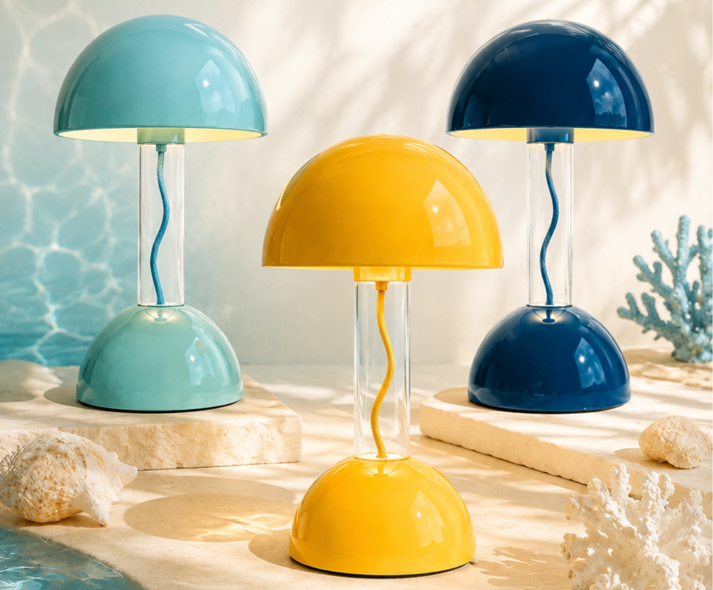 Three colorful table lamps in yellow, light blue, and dark blue with shell and coral decorations on a seaside-themed surface.
