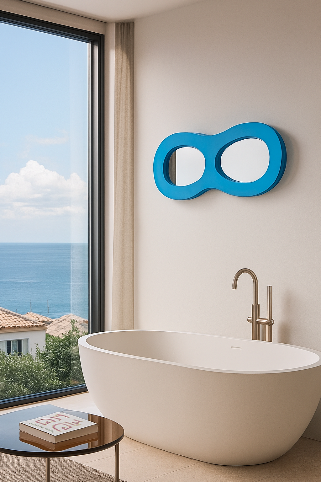Modern bathroom with a free-standing white bathtub, a gold-colored faucet, a side table with books, a large window showing a view of the ocean, rooftops, and trees, and a decorative blue object on the wall.