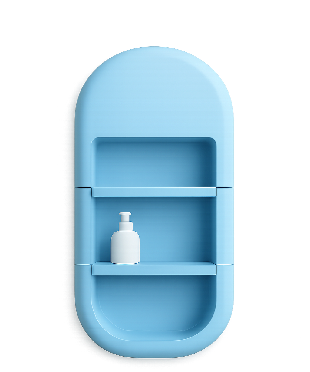 A minimalist blue wall-mounted shelf with a single white soap dispenser on the lower shelf.