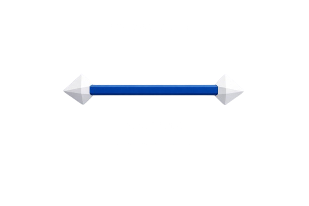 A geometric design featuring a central horizontal blue bar with white pointed ends and colorful vertical lines and text above and below it, set against a white background.