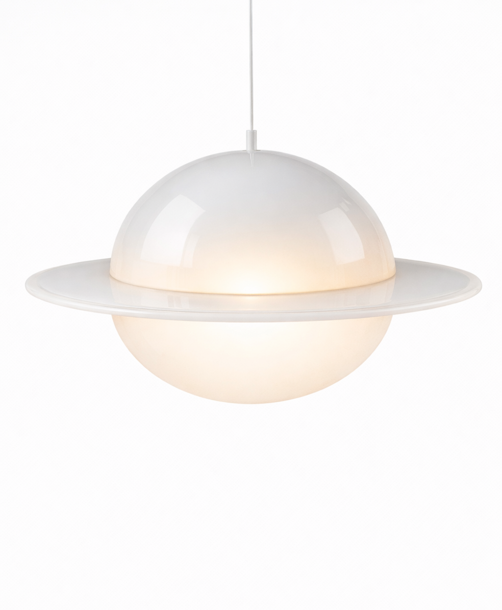 A modern hanging ceiling lamp designed to look like a planet with a ring, resembling Saturn.