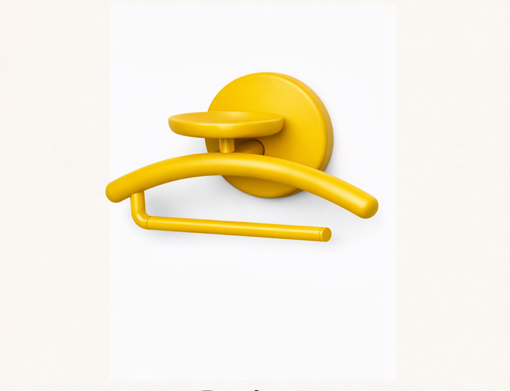 Yellow wall-mounted coat hook shaped like a hanger, attached to a white wall with a white background.