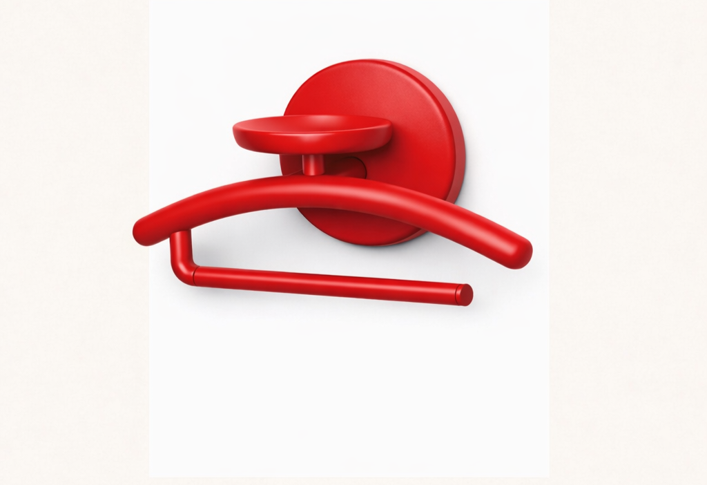 Red wall hook with a round base and curved extension, mounted on a white wall.