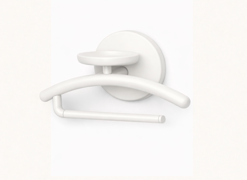 White door handle and latch against a white door.