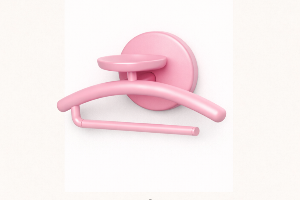 Pink wall hook shaped like a hanger.